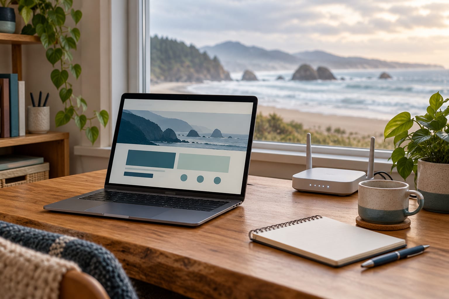 Laptop and Wi-Fi router on a wooden desk by a window overlooking the coast